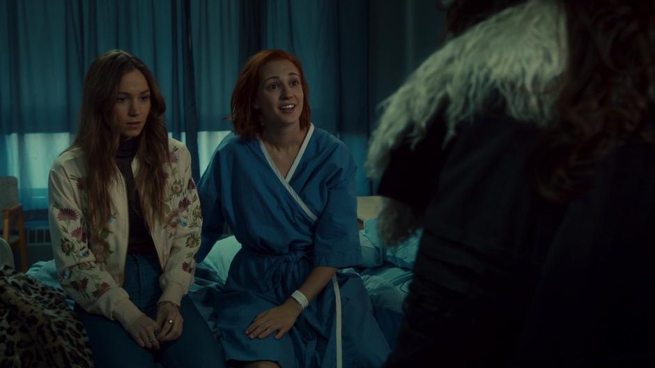 Nicole looks up at Wynonna happy and healthy while Waverly sits next to her looking super guilty.