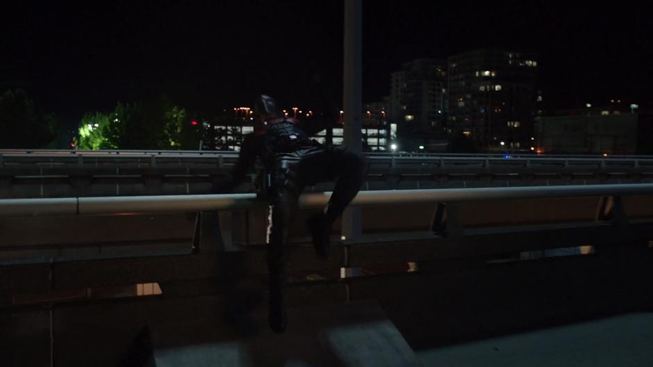 Rene is thrown off the edge of the viaduct by one of the mercenaries' weapons.