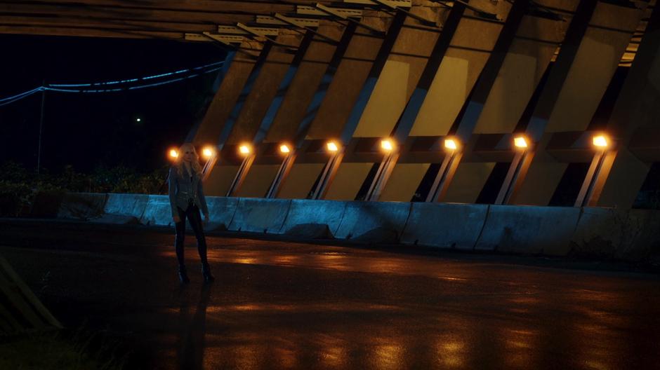 Killer Frost stands beneath the bridge waiting for her contact.