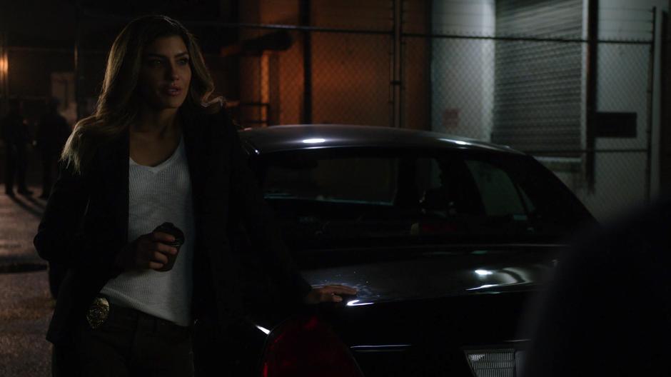 Dinah leans against her car as she listens to Agent Watson's accusations.