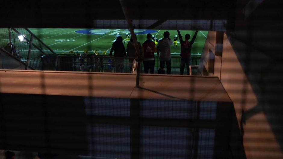 People cheer in the stand for the football game.