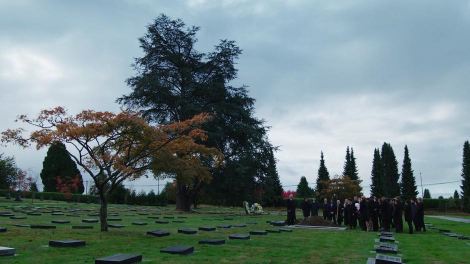A large group of mourners stand around Stein's grave.