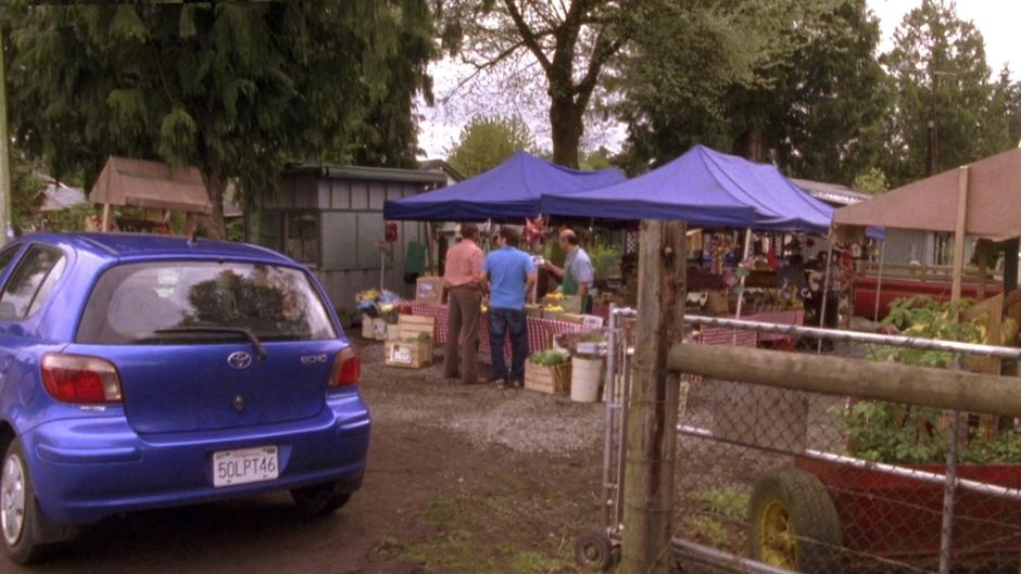 Gus and Shawn talk with the fruit stand vendor.