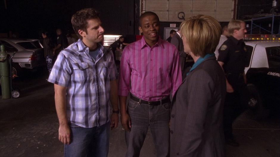 Chief Vick tries to congratulate Shawn and Gus for solving the case.
