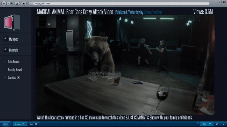 The bear pushes at the table in the video from the bar.