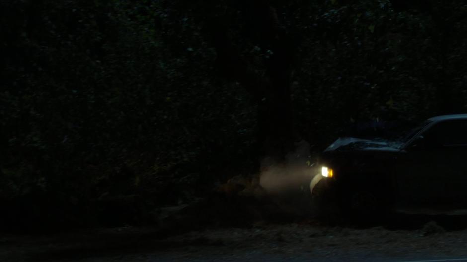 Arkie Seavers's truck crashes into a tree during the night.
