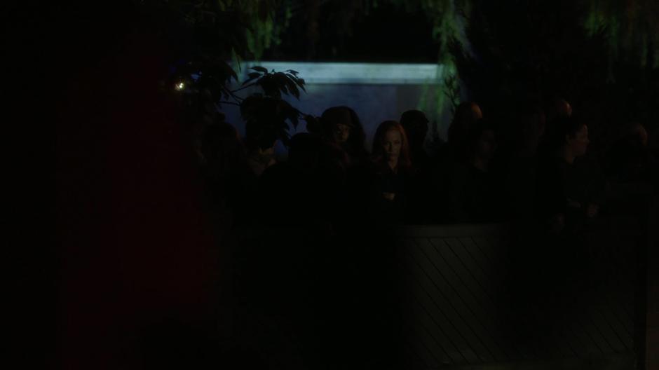 Scully's doppelgänger stands in the middle of the crowd watching the house.