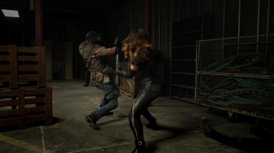Dinah fights one of the goons.