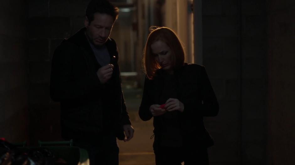 Mulder throws away his bluetooth headset and Scully throws away her vibrator.
