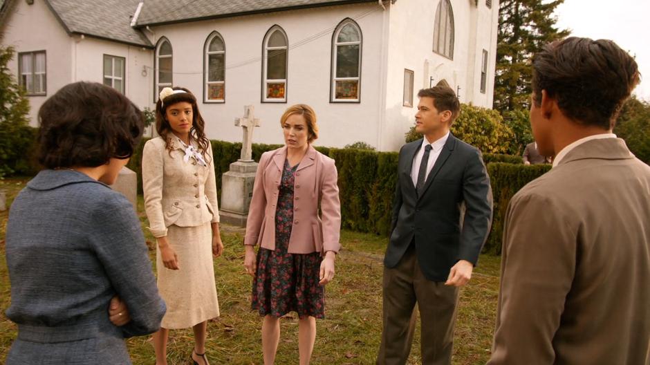 Zari, Amaya, Sara, Nate, and Wally assemble outside the church after the incident during the service.