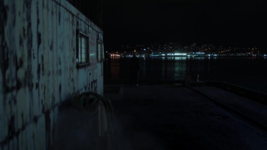 The Cigarette Smoking Man stands at the end of the dock after shooting the person he througt was Mulder.