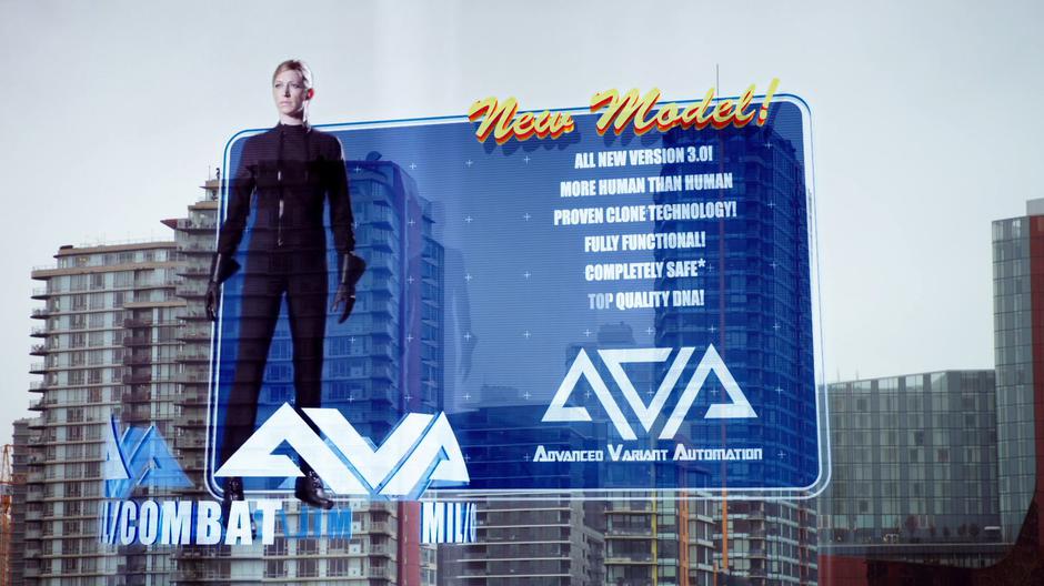 A holographic billboard advertising Ava hovers over the skyline.