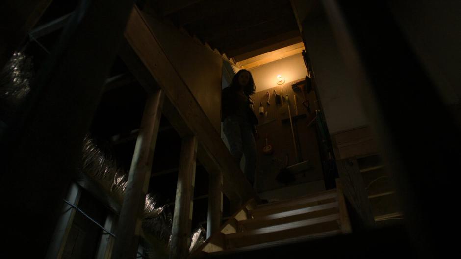Jessica enters the stairs and heads down into the basement.