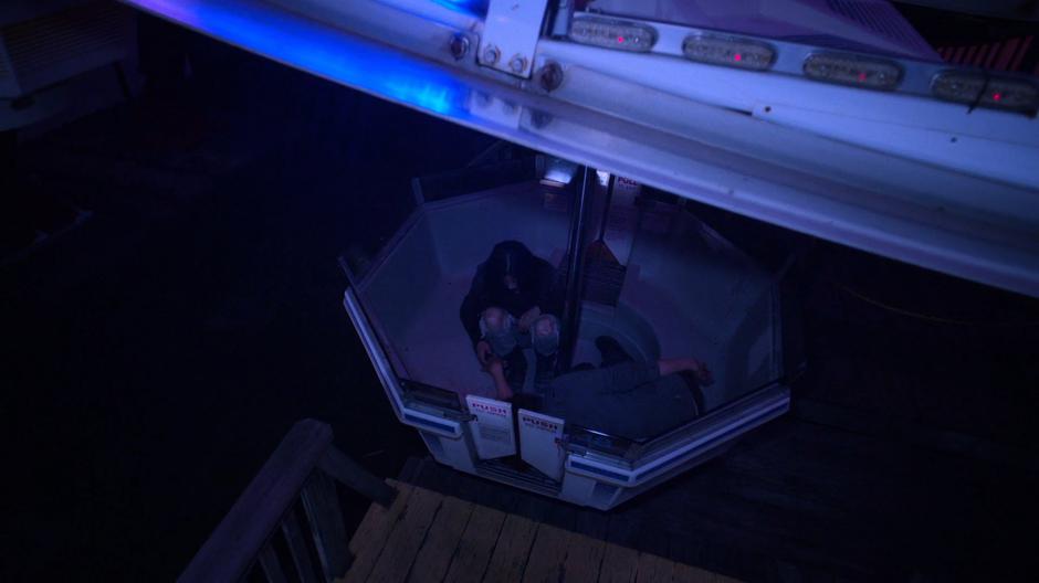 Jessica sits in the stopped ferris wheel car holding her dead mother's hand.