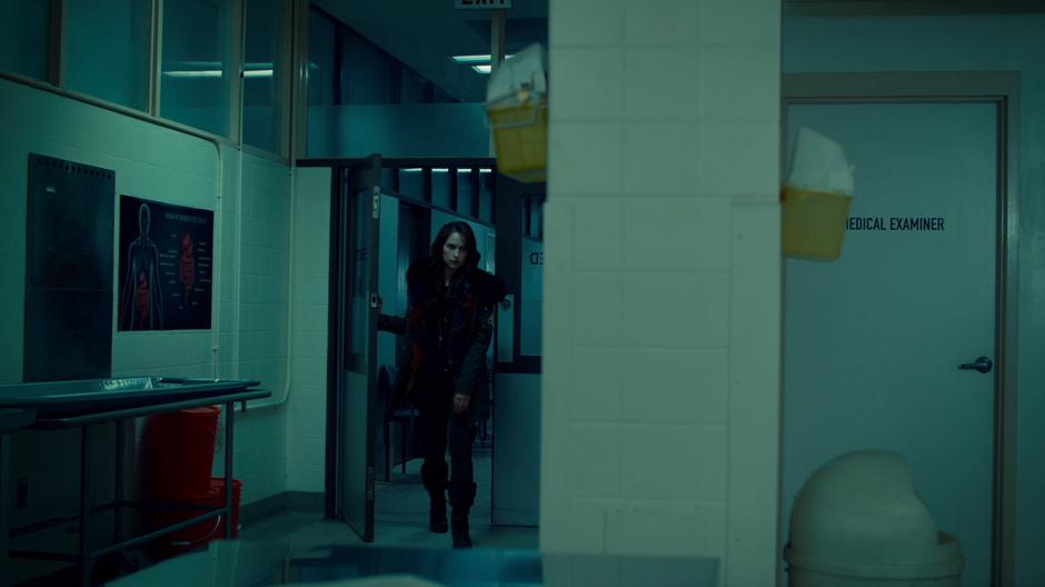 Wynonna bursts into the morgue looking for Jeremy.