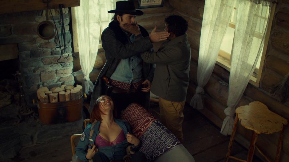 Doc and Jeremy cover each other's eyes as a possessed!Nicole pulls open her shirt to show her bra.