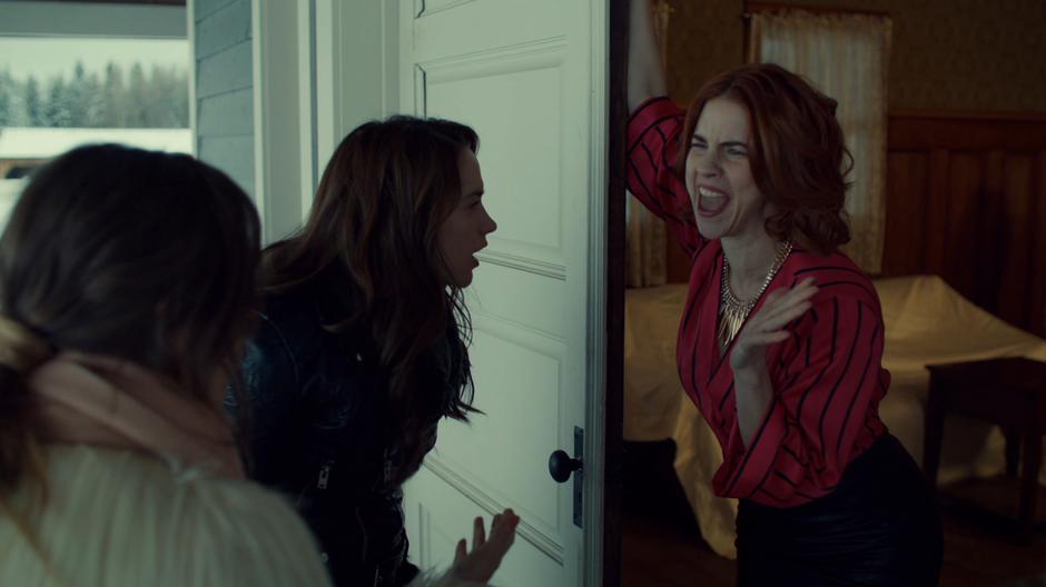 Mercedes screams at Waverly and Wynonna to celebrate her fancy new face.