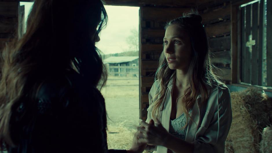 Waverly talks to Wynonna in the barn about her father.
