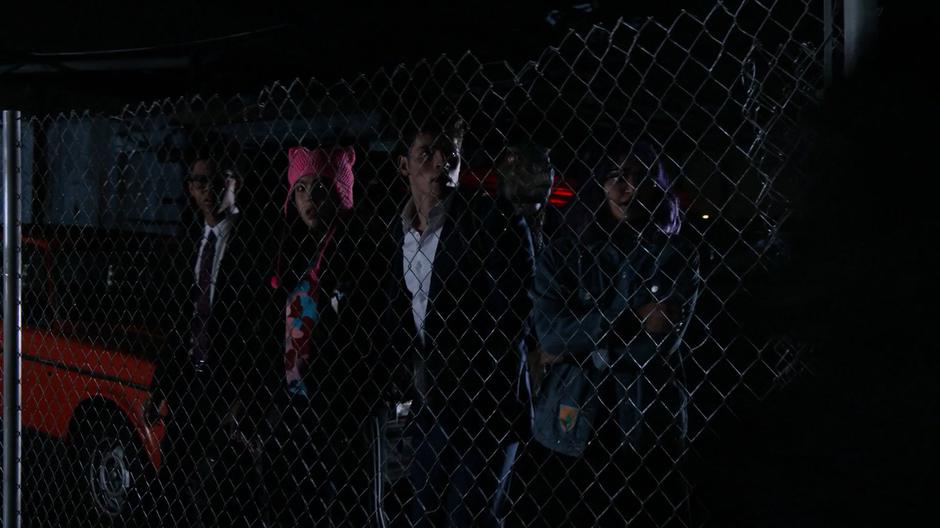 Alex, Molly, Chase, Old Lace, and Gert look through the fence as Nico head out after Karolina.