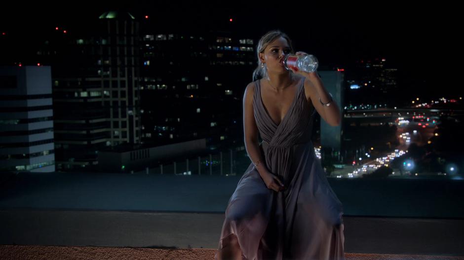 Karolina sits on the edge of the roof and takes a giant swig from her bottle of vodka.