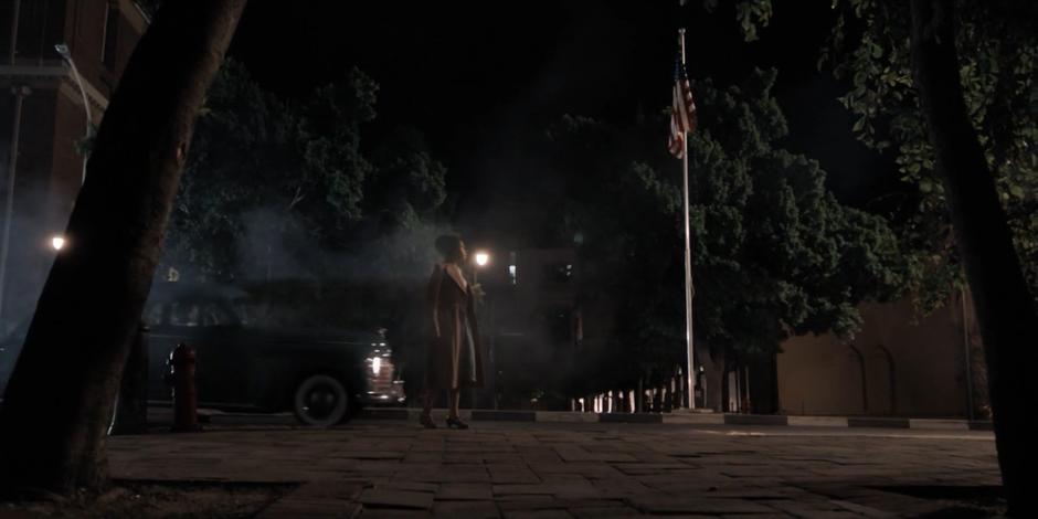 Rosa Parks watches as the bus drives off without her.