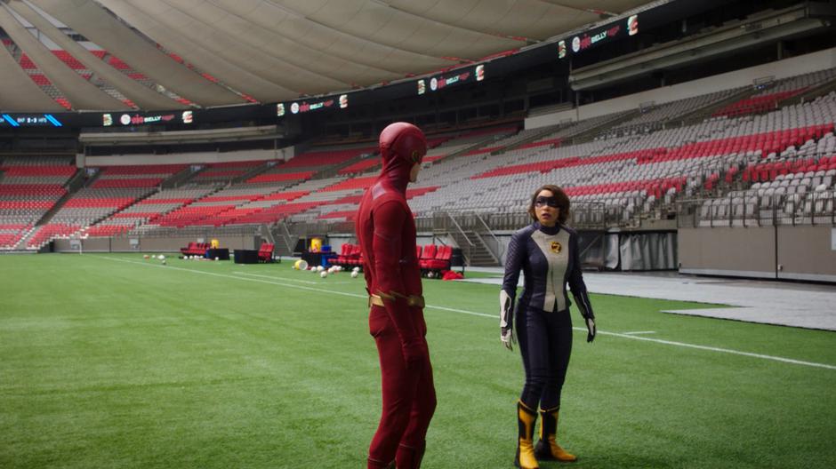Barry and Nora stop after failing to find a bomb in the stadium.