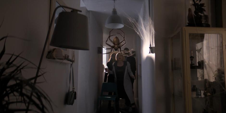 Jade, the Doctor, and Ryan step back as the giant spider spins down from the ceiling.