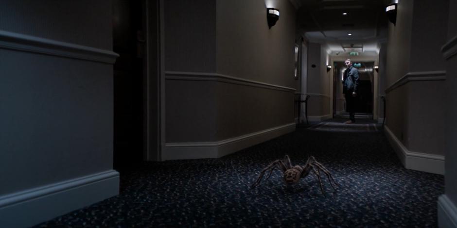 Graham turns as a spider walks down the hallway towards him.