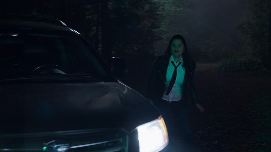 Mel gets out of her car and sees the cabin burning with an eerie green flame.