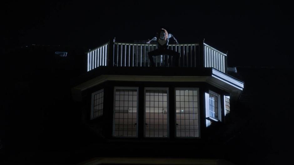 Rag Doll perches on top of the house staring down at Iris and Barry.