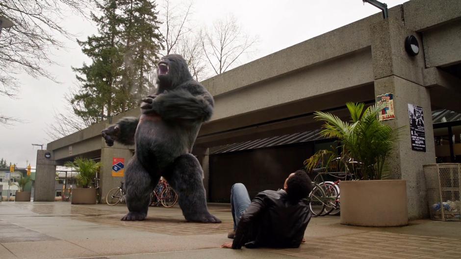 Grodd thumps his chest while standing over Obama who has fallen to the ground.