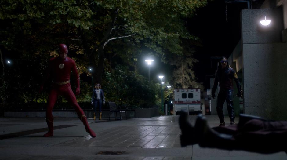 Barry, Nora, and Cicso watch as Cicada is knocked to the ground.