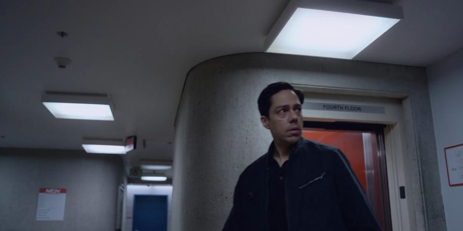 Daniel Sosa exits the elevator on the fourth floor of the studio.