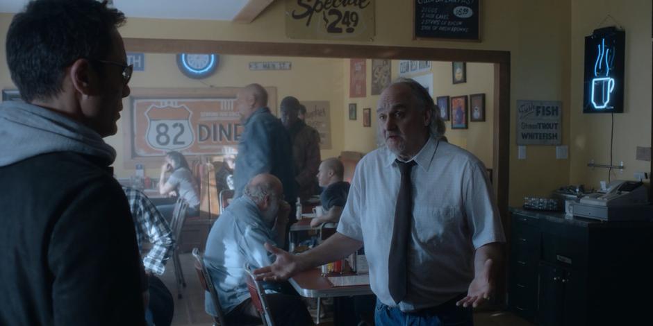 The owner of the diner tells Grant that he doesn't want any more trouble.