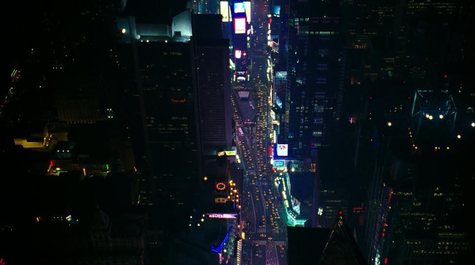 Aerial establishing shot of Times Square.