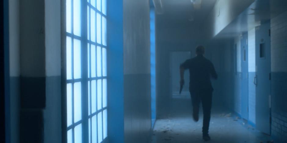 Philip chases Dawn past the old jail cells.