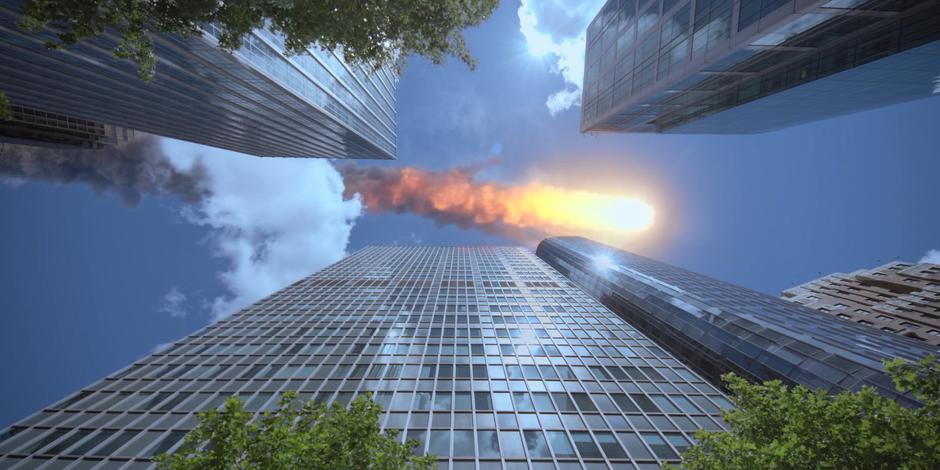 A vision of a meteor flies overhead past the skyscrapers.