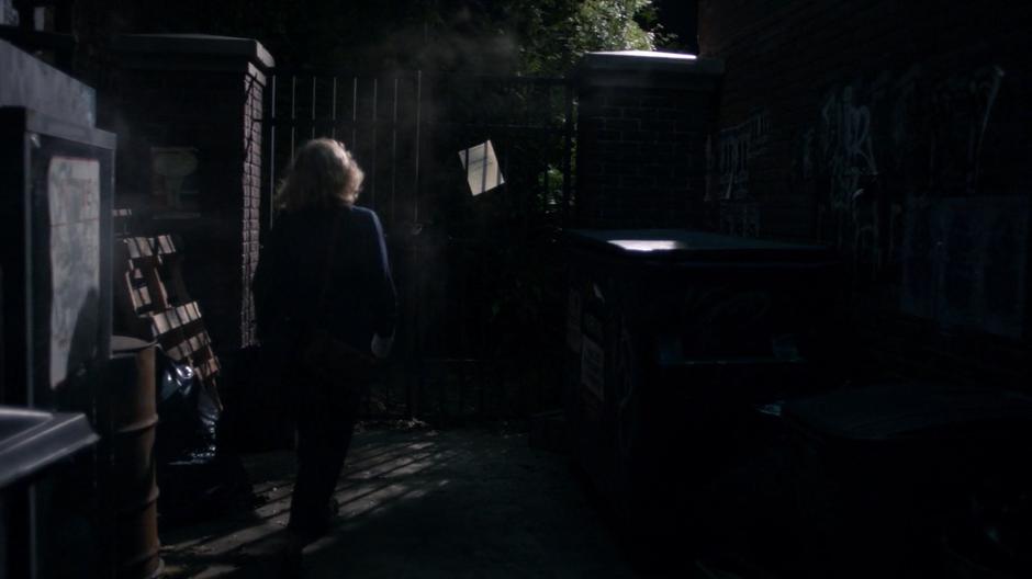 Kimber D'Antoni walks up to the gate at the end of the alley which the paper is lying against.