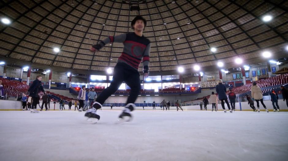 Sherloque skates around in a spiral while heading off the ice.