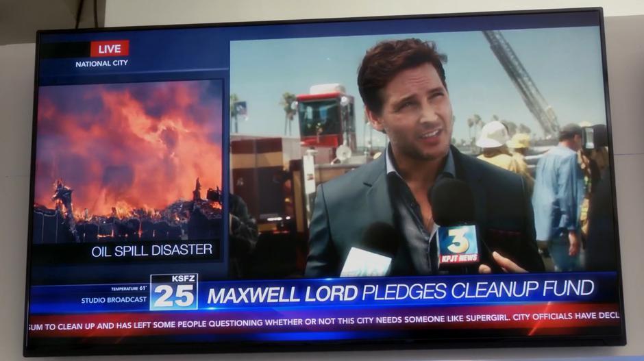 Maxwell Lord talks about Supergirl and the oil spill on the news.