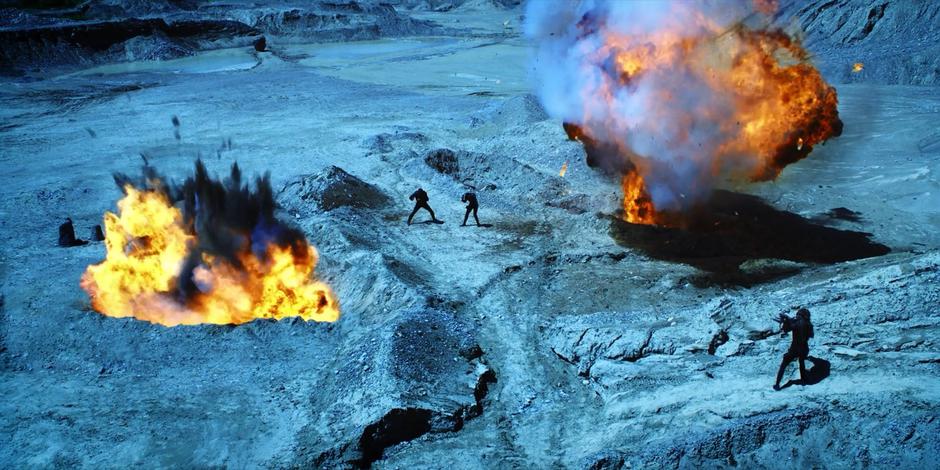 Resistance guards arrive as Tyler and Michael are surrounded by explosions.