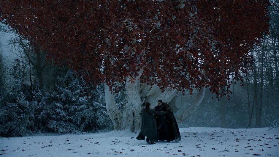 Arya rushes over to Jon to give him a huge hug.