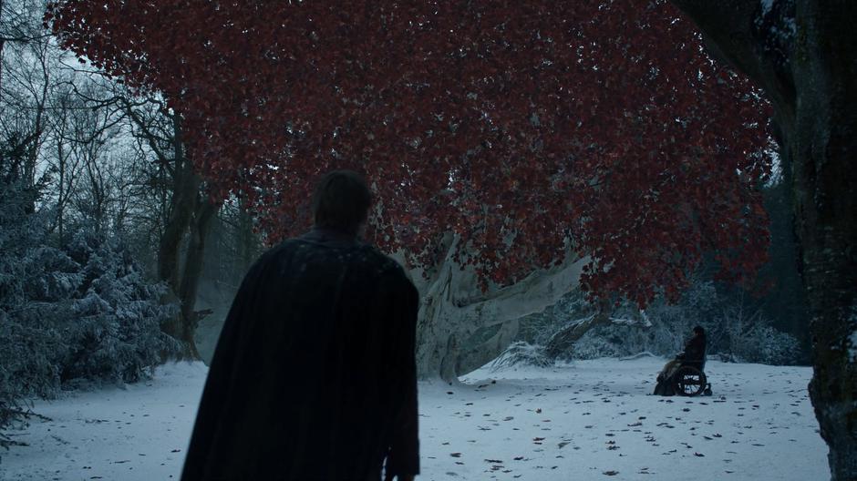 Jaime walks across the snow to where Bran is sitting in front of the weirwood tree.