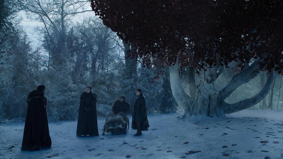 Jon meets Sansa, Bran, and Arya in the Godswood at their request.