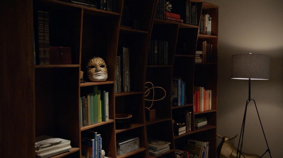 A mask that Blaine wore when he murdered Floyd Baracus on video sits on his shelf in his office.