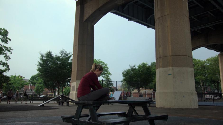 Trish sits on one of the picnic tables and researches crimefighting on her laptop.