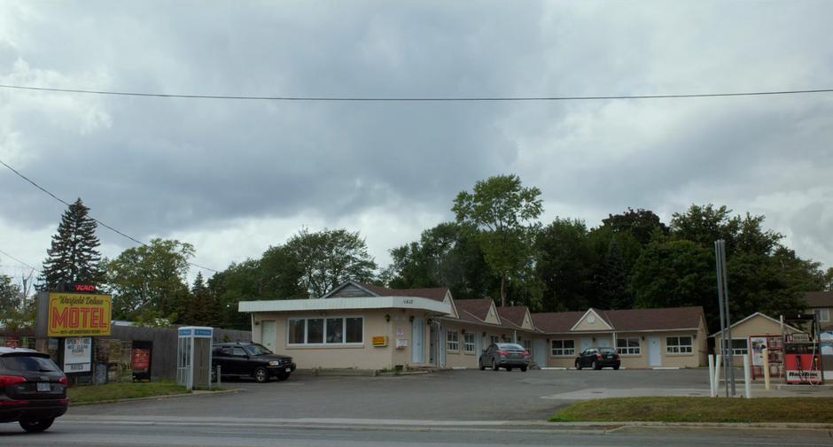 Establishing shot of the motel from across the street.