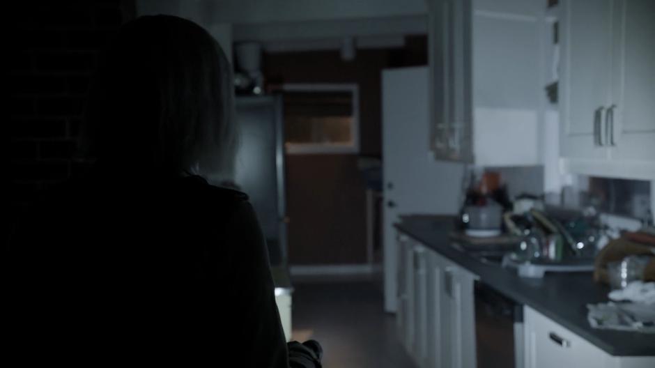 Liv shines a flashlight around the kitchen while sneaking in at night.
