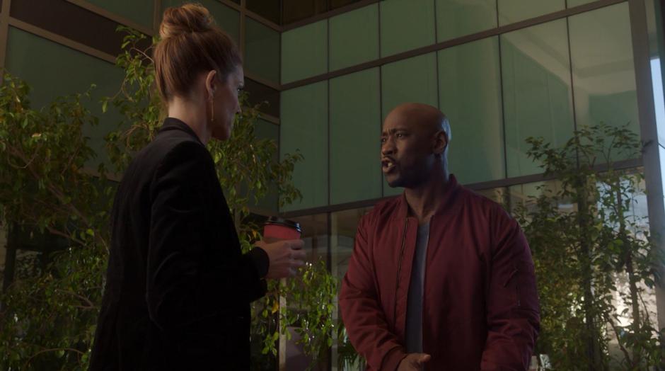 Amenadiel asks Charlotte what she is doing back on Earth.