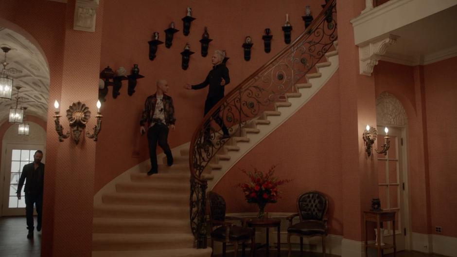 Blaine asks Don E about Peyton as they walk down the staircase while Bubby approaches from a side hallway.
